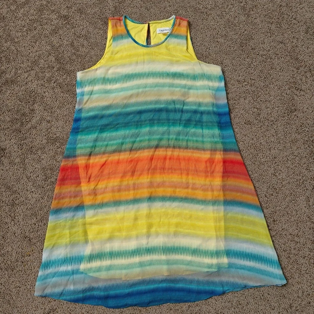 Calvin Klein Dress Womens 10 Yellow Abstract Print‎ Shift Chiffon Sleeveless